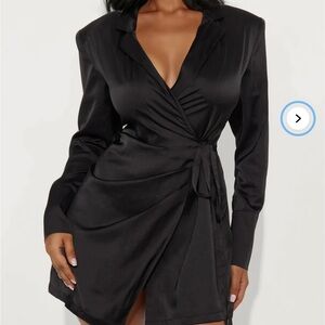 Black Wrap Satin Mini Dress with Tie Waist